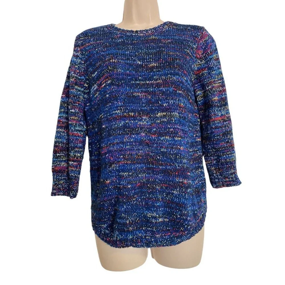 New York CO Collection Petite Large Multicolored Blue Knit Sweater Pullover